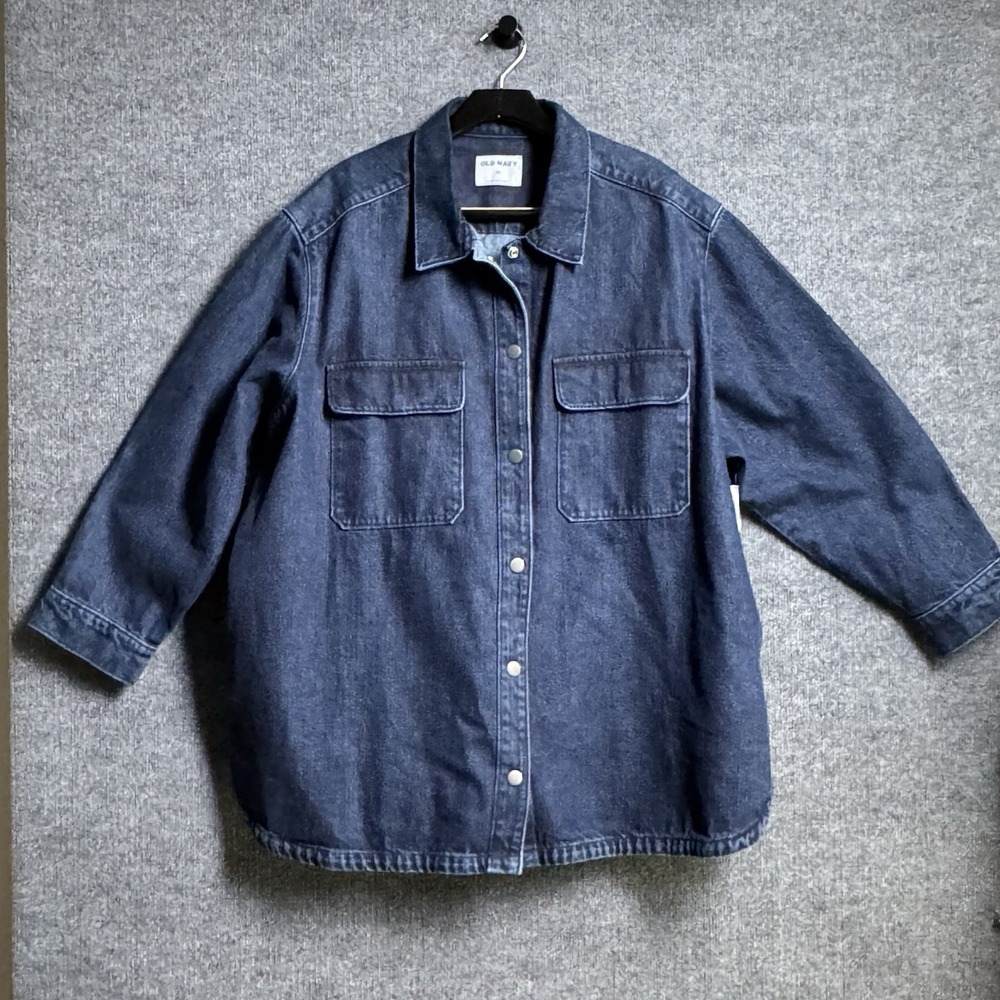 Old Navy Womens Plus 3X Dark Blue Denim Shacket Oversized Utility Jacket Snaps